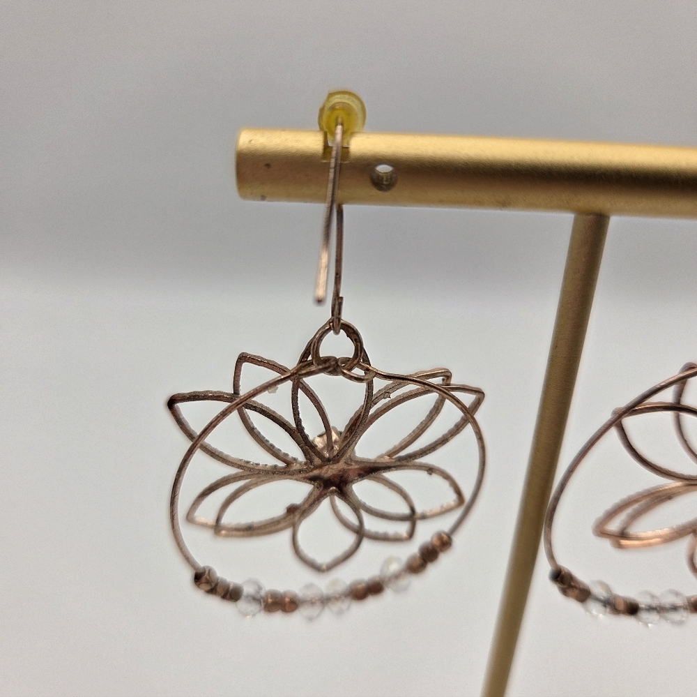 Adornia Rose Gold Wire Flower Circle Rhinestone Crystal Beads Dangle Earrings - Picture 5 of 8